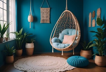 interior design style- reading nook with a hanging rattan chair, cozy floor pouf, and a macrame wall hanging