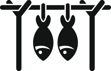 Black simple icon of two fishes hanging from a wooden stand to dry, isolated on white background