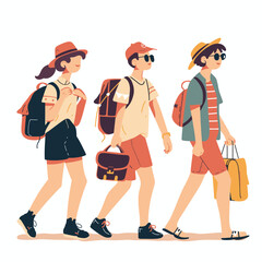 Three young travelers walking side side, carrying bags, dressed casual summer attire. Stylish tourists backpacks, sunglasses, hats stroll confidently forward. Group friends vacation, engaging