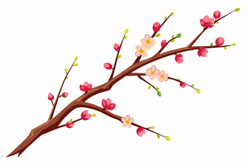 Very Thin Sakura Branch with Flowers in Buds,tree, branch, spring, flower, nature, blossom, cherry, vector, design, plant, floral, sakura, leaf, 