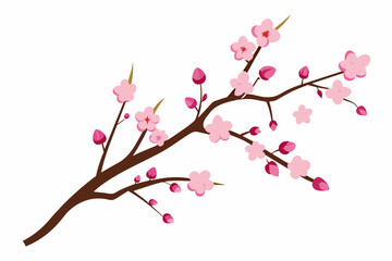 Very Thin Sakura Branch with Flowers in Buds,tree, branch, spring, flower, nature, blossom, cherry, vector, design, plant, floral, sakura, leaf, 