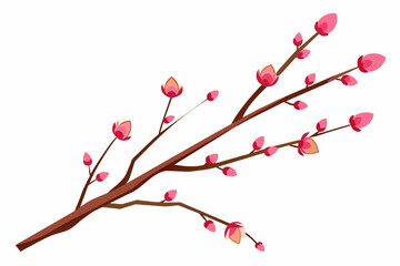 Very Thin Sakura Branch with Flowers in Buds,tree, branch, spring, flower, nature, blossom, cherry, vector, design, plant, floral, sakura, leaf, 