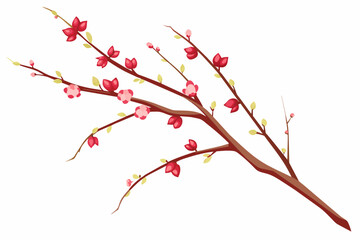 Very Thin Sakura Branch with Flowers in Buds,tree, branch, spring, flower, nature, blossom, cherry, vector, design, plant, floral, sakura, leaf, 