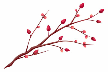 Very Thin Sakura Branch with Flowers in Buds,tree, branch, spring, flower, nature, blossom, cherry, vector, design, plant, floral, sakura, leaf, 