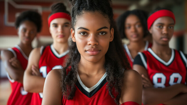 Team of girl basketball players in Red Jerseys. Group of Teen Athletes. Group portrait of high school female basketball team.