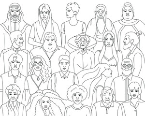 People. Different women and men. Vector black and white illustration. Coloring.