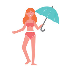 illustration of a woman on vacation at the beach, character holding an umbrella, flat design style