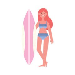 illustration of a woman on holiday at the beach, character carrying a surfboard, flat design style