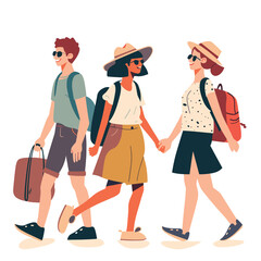 Three young adults walking hand hand, smiling, dressed casual summer clothing. Two women one man enjoying sunny day, all wearing hats sunglasses, carrying bags. Friends strolling together, one woman