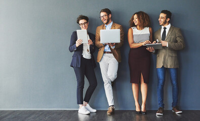Group, people and standing in office with technology for hiring, international diversity for corporate company. Crowd, men and women with mobile app for onboarding, waiting for interview with hr