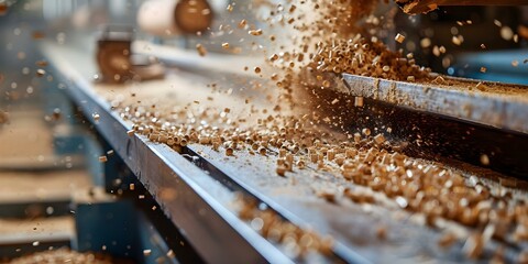 Woodworking Bench at a Plant Producing Biomass Wood Pellets. Concept Woodworking Bench, Biomass Production, Wood Pellets, Plant Machinery