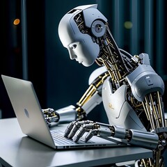 the robot is working on a laptop, the topic of artificial intelligence