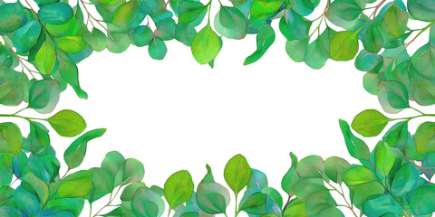 Fototapeta premium Watercolor Border Of Green Eucalyptus Leaves And Branches On A Transparent Background For Invitations And Banners