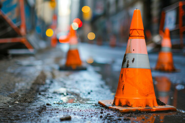 orange traffic cones on the street, blurred background of construction work in progress. concept for safety and street works