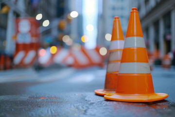 orange traffic cones on the street, blurred background of construction work in progress. concept for safety and street works