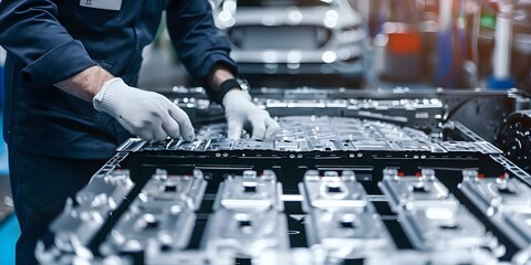 Technician in gloves inspecting lithiumion EV car battery for maintenance. Concept Electric Vehicle Maintenance, Lithium-ion Battery Inspection, Technician in Action, Protective Gear