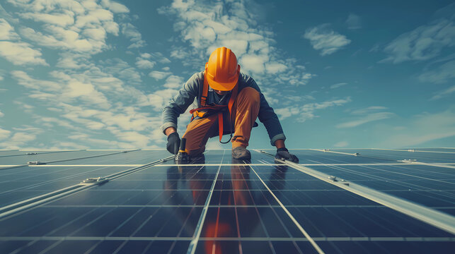 Solar power engineer installing solar panels, on the roof, electrical technician at work, alternative renewable green energy generation concept