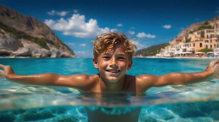A boy with smiling expression swimming on blue water in the beach, selfie looking at camera, summer season vibes.