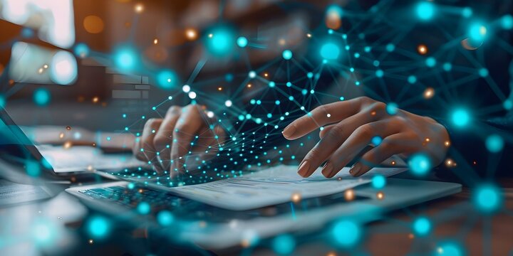 Document management techs adaptability in hybrid work promoting collaboration between inoffice and remote teams. Concept Hybrid Work Models, Remote Collaboration, Document Management