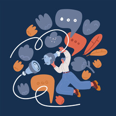 Cartoon vector illustration of Close-up Of Happy Businesswoman Holding Grass Covered Electric Plug And Socket over dark background