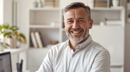 Naklejka premium Portrait of a mid-aged professional man, modern workspace, slightly angled, neutral background, conveying authority.