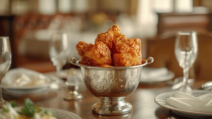 Fried Chicken in Silver Bowl on a Table Setting