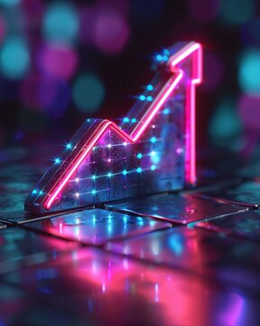 A 3D icon of a financial chart with an upward arrow, green and blue hues, neon lights.