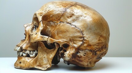 A detailed human skull with visible teeth and cranial sutures showcased on a white background, exhibiting signs of age and decay