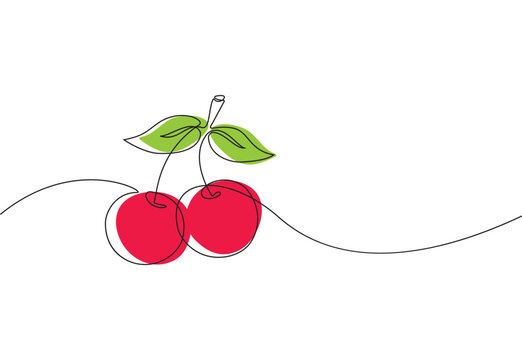 red cherry with leaves vector illustration, one continious line design element, template for banner,card,wallpaper,background