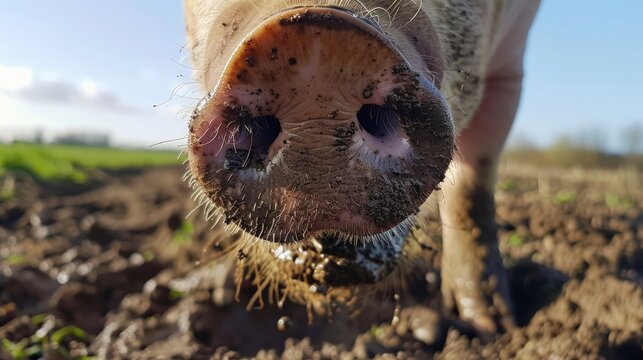 A close up of a pig's snout in the barnyard