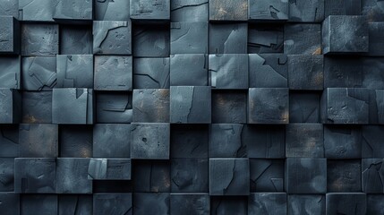 A 3D render of a dark blue cube pattern with textured surfaces and dynamic shadow play