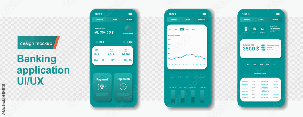Poster template with mobile application pages. financial system user interface design for mobile applicatio