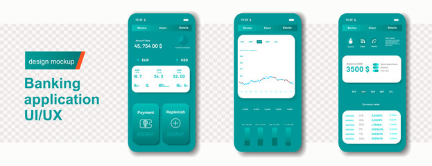 Template with mobile application pages. Financial system user interface design for mobile application UI/UX. Financial and money transfer management. Infographic with analytics and transaction chart