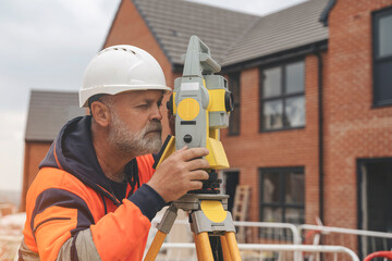 Construction Worker Using Surveying Equipment at a Brick House Building Site