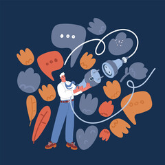 Cartoon vector illustration of Male hand puts plug in the socket over dark background