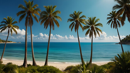 palm trees on the beach, tall palm trees sway gently over a sandy beach, with the ocean waves lapping at the shore.