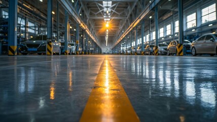 Obraz premium Factory Floor with Yellow Line and Sunlight