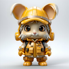 Cute cartoon mouse in a helmet and with a backpack. 3d rendering.