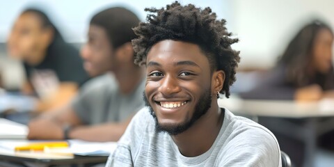 Obraz premium Black college student smiling and making eye contact with the camera in a classroom. Concept People, Education, Black Students, Smiling, Eye Contact