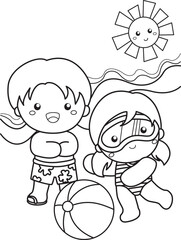 Happy Kids Doing Swimming Water Sport Activity on Summer Holiday Cartoon Coloring Set