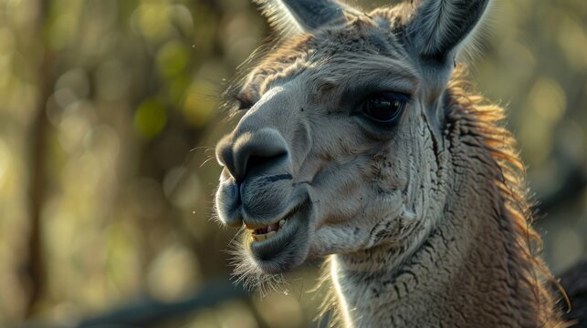 A llama is standing in a field, looking at the camera