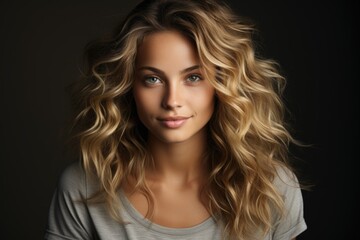 Attractive blonde with curly hairstyle touching the chin and smiling enchanted wit, generative IA