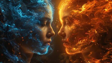 Digitally created abstract composition featuring contrasting blue and orange energy fields separated by a center line