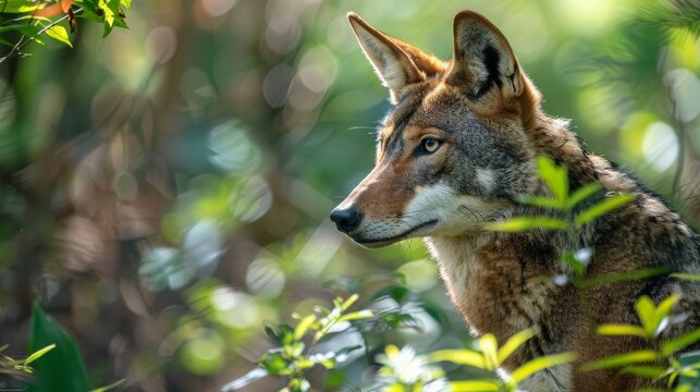 A red wolf stands in the forest, looking out at the world with its piercing yellow eyes.