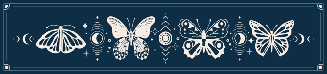 Mystic butterfly vector illustration. Magic moth with celestial moon