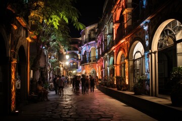 Fototapeta premium Vibrant nightlife under the arches of Lapa in the river., generative IA