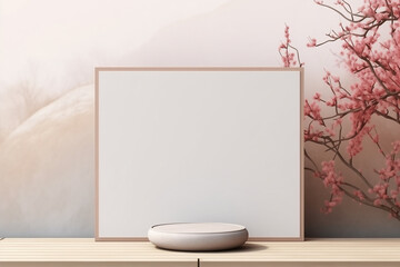 Fototapeta premium Empty podium for advertising and product presentation, copy space. 3d rendering, scene mockup. Blooming sakura, light natural background.