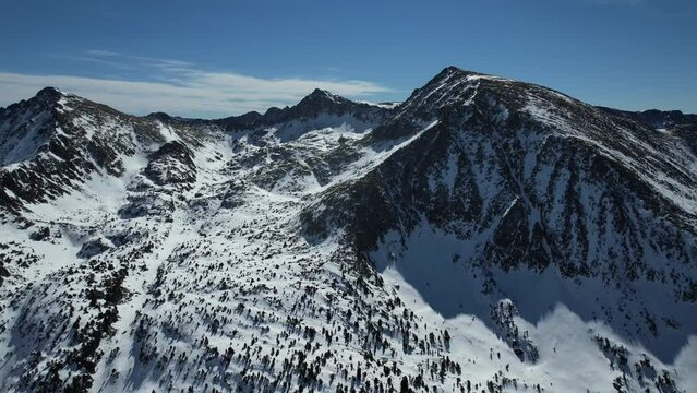 Aerial video over Coll blanc KSB ski resort, Andorra in a snowy winter