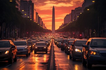 Iconic Obelisk in the busy Avenida 9 de Julio, Buenos Aires., generative IA