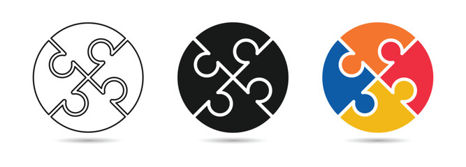 round puzzle with different style icon set, jigsaw puzzle icon. Line, solid and filled outline colorful version